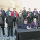 Maties Serracant ahir al matí anunciant la seva reincorporació acompanyat dels membres de la Crida