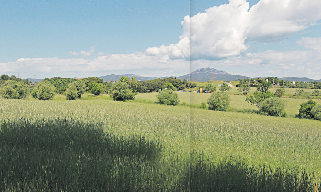 Vista de la zona que separa les dues capitals del Vallès Occidental amb la muntanya de Sant Llorenç del Mu nt al fons