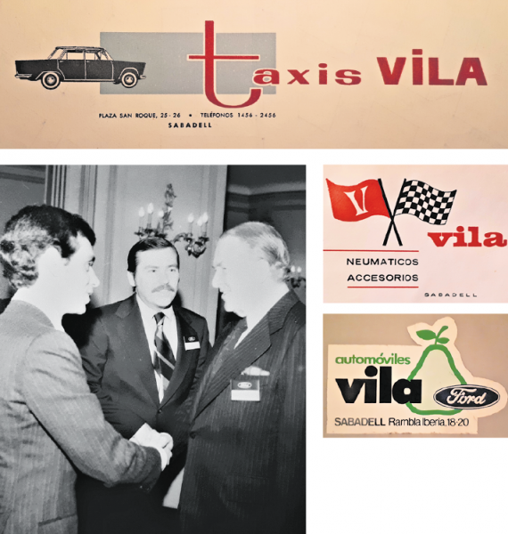 Pere Vila saluda Henry Ford II en presència de Tom Drake, Director Comercial de la companyia Ford. Logotips de Taxis Vila i Automòbils Vila