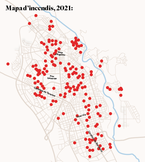 Mapa de contenidors cremats a Sabadell, 2021